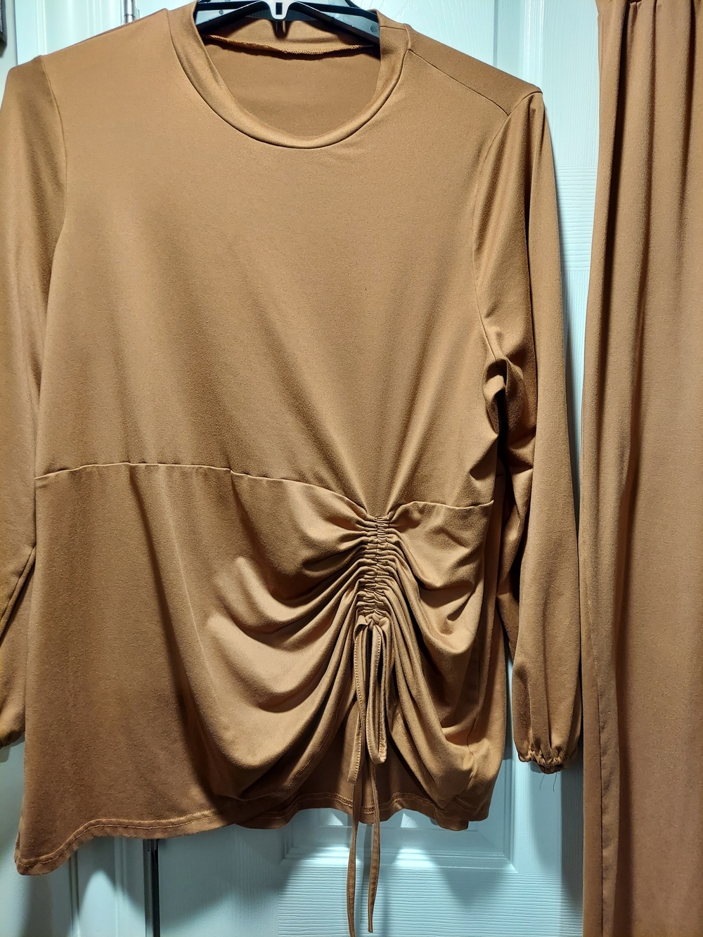 SHEIN Tan Ruched Drawstring Long-Sleeve Top And Pull-On Pants Set.